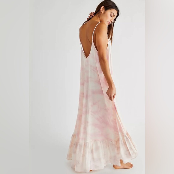 Free People Flowy Pull On Maxi Slip Dress Pink Tie Dye Flower Combo size Large - Picture 4 of 11